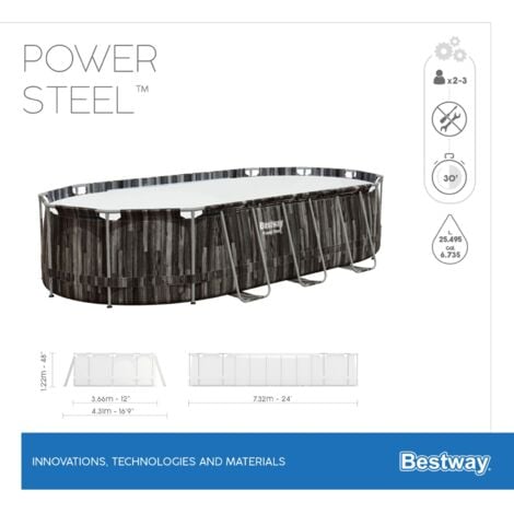 Piscina Desmontable Tubular Bestway Power Steel Oval Diseño Madera 732x366x122 cm con Depuradora Cartucho 9.463 L/H con Cobertor y Escalera