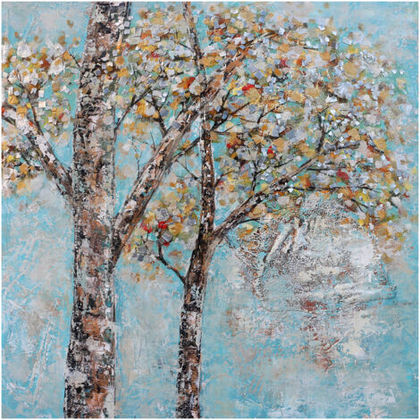 Cuadro Abstracto Kuatéh 100 x 100 cm Árboles de Otoño con Cielo Azul Collage en Aluminio