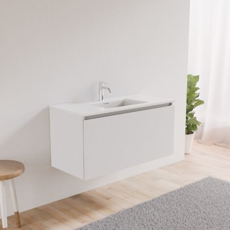 Inda - Badezimmerschrank mit 1 Schublade, L. 100, mit abgerundetem Waschbecken – weißer Ledereffekt (1/5)