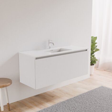 Inda - Badezimmerschrank mit 1 Schublade, L. 120, mit abgerundetem Waschbecken – weißer Ledereffekt (1/5)