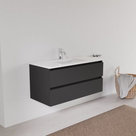 Inda - Badezimmerschrank 2 Schubladen L.100 mit quadratischem Waschbecken - Schwarzer Ledereffekt (1/5)