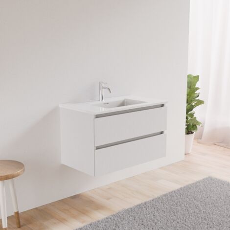 Inda - Badezimmerschrank 2 Schubladen L.80 mit abgerundetem Waschbecken - Weißer Ledereffekt (1/5)