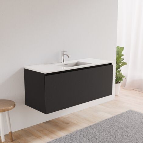Inda - Badezimmerschrank mit 1 Schublade L.120 und abgerundetem Waschbecken – Schwarzer Ledereffekt (1/5)