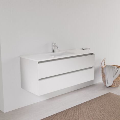 Inda - Badezimmerschrank 2 Schubladen L.120 mit quadratischem Waschbecken – Weißer Ledereffekt (1/5)