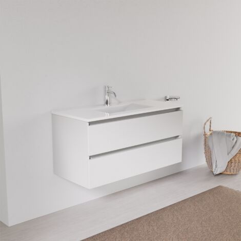 Inda - Badezimmerschrank 2 Schubladen L.100 mit quadratischem Waschbecken – Weißer Ledereffekt (1/5)