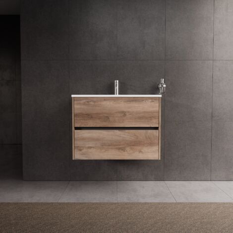 Inda - Badezimmerschrank 2 Schubladen L.80 mit glänzendem Waschbecken / Natureiche - Diamante