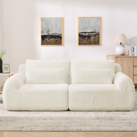 Canapé 2 Places Beige, Canapé loveseat, Tissu Doux Effet Fourrure de Lapin, Dossier Haut, USB et Pochette Latérale (1/5)