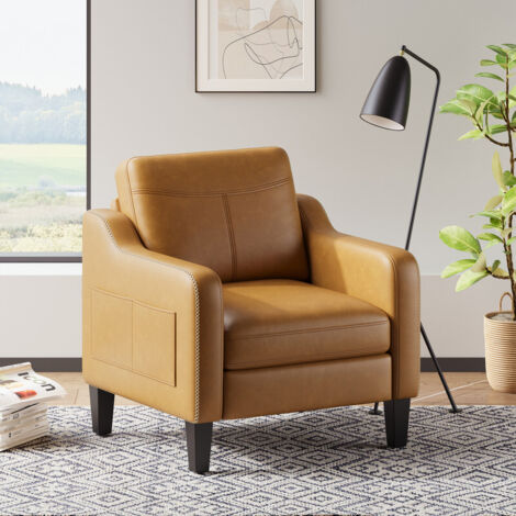 Fauteuil d’appoint moderne en PU style mid-century avec rangement latéral – confort ergonomique pour salon et bureau,jaune brun (1/5)