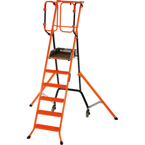 Escabeau sécurisé PIRL Gardia 140 cm – Plateforme large – Portillons automatiques – Hauteur de travail 340 cm – Déplacements faciles et sûrs