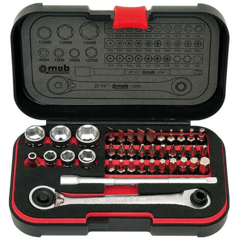 Mob Outillage – Coffret cliquet et douilles 39 pièces – Clé 2 en 1 avec embouts et douilles de 4 à 14 mm – Rangement mousse bicolore
