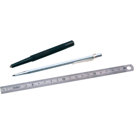 Kit de traçage sous coque – Réglet inox 20 cm + Tracette carbure + Pointeau 6 mm – Outils de précision pour marquage métal, plastique, bois – Idéal atelier, mécanique, serrurerie