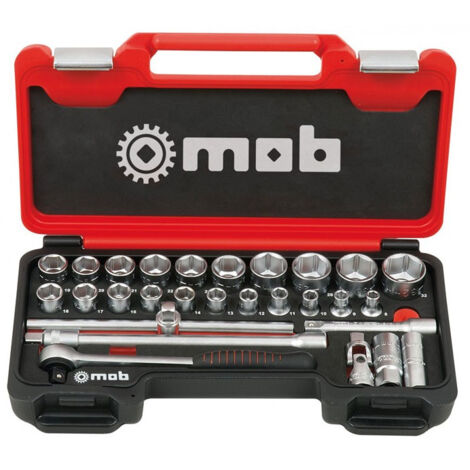 Mob Outillage – Coffret cliquet rond Fast 1/2' 28 pièces – Douilles 6 pans 8-32mm – Rallonges 125mm et 280mm – Nombre de dents 72 (1/5)