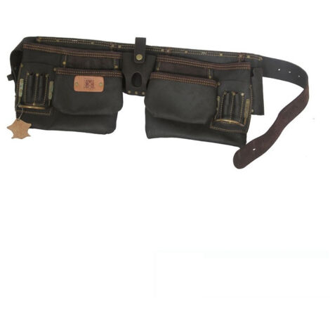 Mondelin – Poche double en cuir velours tanné – 11 poches pour outils – 1 porte mesure – 2 porte-marteaux – Support équerre