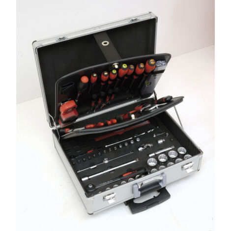 Mob Outillage – Valise à outils trolley aluminium 128 pièces – 11 clés, tournevis, pinces, marteau, scie – Pour chantiers humides et espaces confinés (1/3)