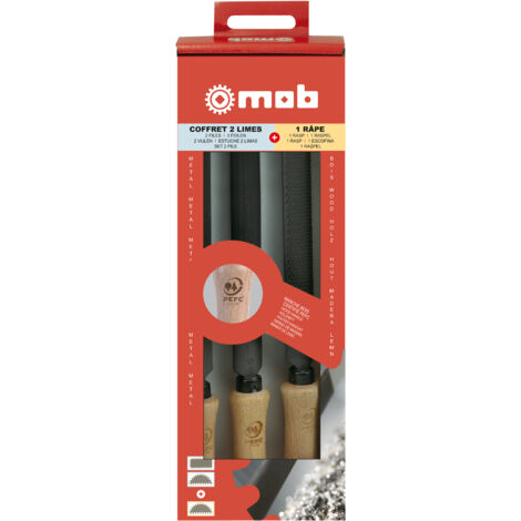 Jeu de 2 limes + 1 râpe manche bois PEFC – Acier carbone 1,3–1,4 % – Dureté 65±2 HRC – Lime plate mi-douce, mi-ronde mi-douce et râpe mi-ronde moyenne piqûre – Norme NF E 75-001 / 75-002