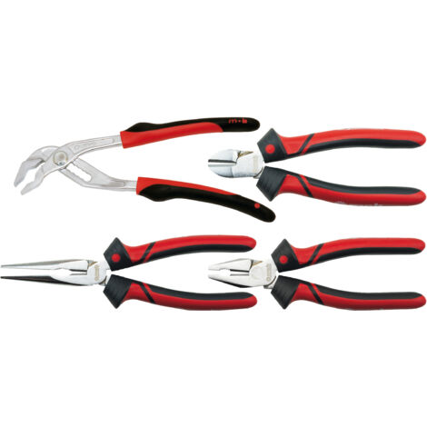 Jeu de 4 pinces professionnelles bi-matière – Coupante 160 mm, Universelle 180 mm, Demi-ronds 200 mm, Multiprise 240 mm – Poignées ergonomiques résistantes aux solvants