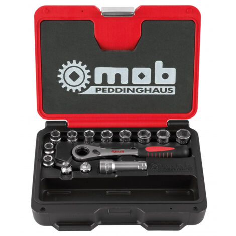 Mob Outillage – Coffret cliquet et douilles traversantes 14 pièces – Douilles 10 à 19 mm – Cliquet à tête traversante – Rallonge 75 mm pour espaces restreints
