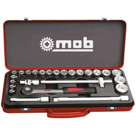 Mob Outillage – Coffret cliquet et douilles 25 pièces 1/2' 6 pans – Cliquet 72 dents avec verrouillage rapide – Accessoires inclus – 998001