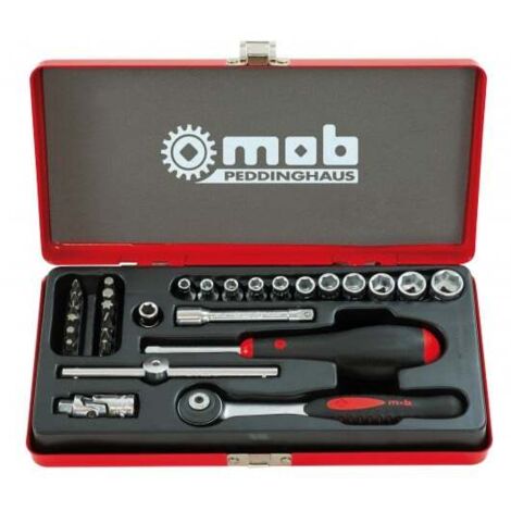 Mob Outillage – Coffret multi-outils 29 pièces 1/4'' – Cliquet rond avec 11 douilles et 12 embouts – Angle de rotation 5° – Garantie 10 ans – 983401