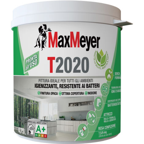 MaxMeyer T2020, Pittura per Interni Traspirante Igienizzante, Bianco, 0.75L