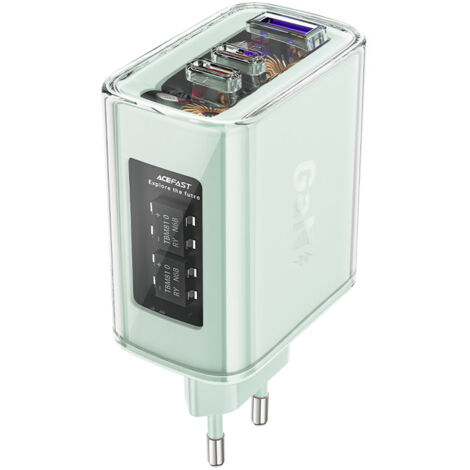 Cargador Acefast GaN de 65 W con 3 puertos (1 USB, 2 USB C), color verde (A45) (1/5)