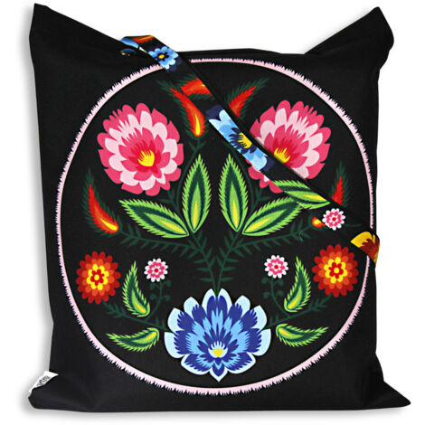 Bolso folklórico de Łowicz, impregnado de flores rosas, recortado, negro (1/5)
