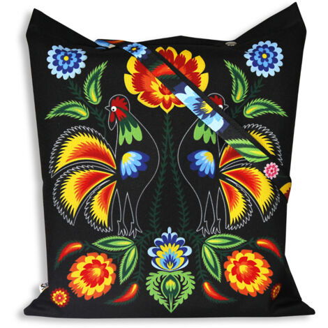 Bolso folklórico de Łowicz, impregnado, gallos naranjas, recorte negro (1/5)