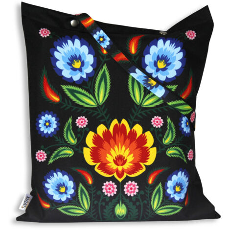 Bolso folklórico de Łowicz, impregnado de flores azules, recorte negro (1/5)