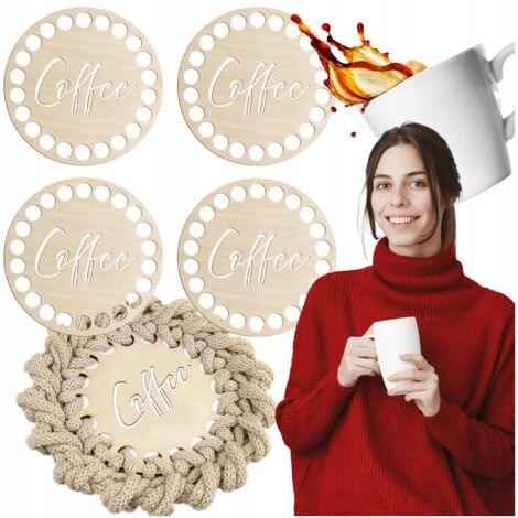 Cojín de taza de crochet, 4 piezas, inscripción con CAFÉ, base CÍRCULO, 10 cm (1/5)