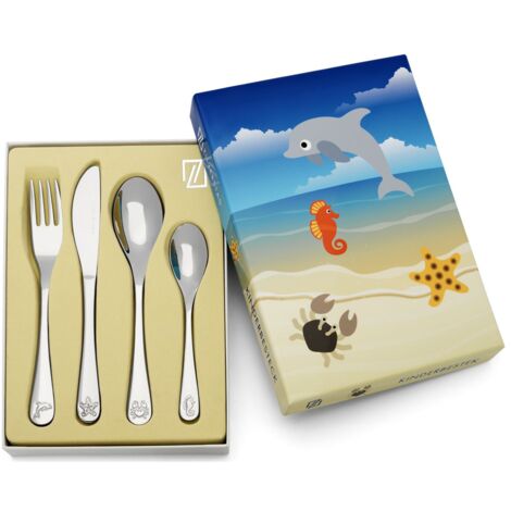 Juego de cubiertos infantiles con animales marinos grabados  Tamaño: 160x170x160x130 mm  SKU: ZV4258070