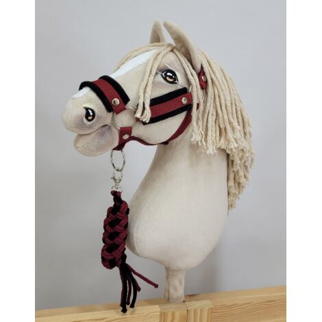 Set de caballito de juguete: Cabestro A3 con pelo negro y correa de cuerda - Negro y burdeos (1/5)