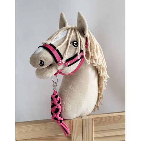 Set de caballito de juguete: Cabestro A3 con pelo negro y correa de cuerda - Negro y rosa oscuro (1/5)