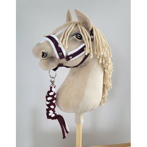 Set de caballito de juguete: Cabestro A3 con pelo blanco y correa de cuerda - Blanco y ciruela (1/5)