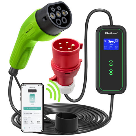 Cargador móvil Qoltec para coches eléctricos EV con regulación 2 en 1 Tipo 2 7kW 230V Wi-Fi LCD Portátil Wallbox 5m (1/5)
