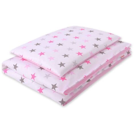 Juego de cama infantil de algodón de dos piezas de doble cara - gris-rosa/estrellas rosas