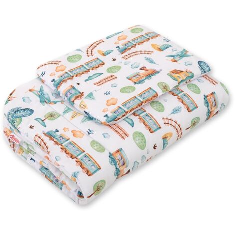 Juego de cama para bebé con relleno, 2 piezas, 75x100cm RECIÉN NACIDO - tren turquesa (1/2)