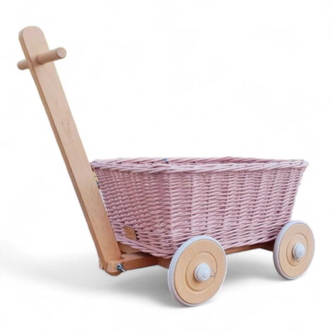 Carrito de juguete de mimbre rosa. Carrito de juguete con escalera. Cesta de juguete de mimbre.
