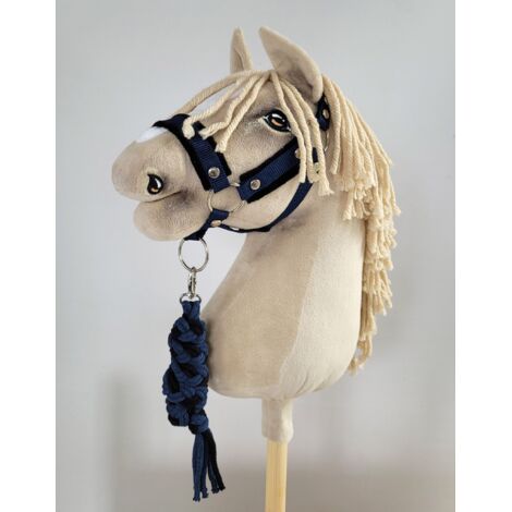 Set de caballito de juguete: Cabestro A3 con pelo negro y correa de cuerda - Negro y azul marino (1/5)