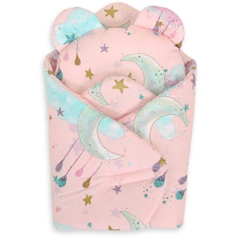 Manta para muñeca con almohada de osito de peluche - Lunas rosas (1/4)