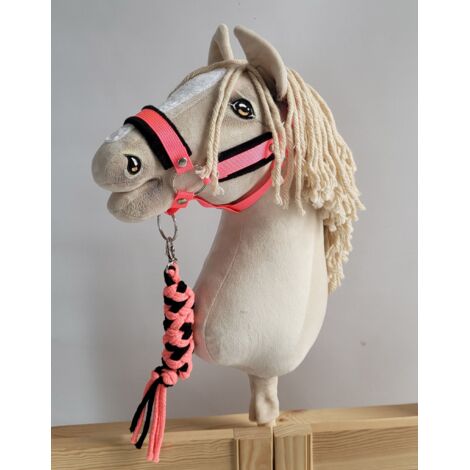 Set de caballito de juguete: Cabestro A3 con pelo negro y correa de cuerda - Rosa neón/Negro