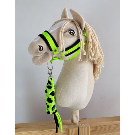 Set de caballito de juguete: Cabestro A3 con pelo negro y correa de cuerda - Verde neón/Negro (1/5)