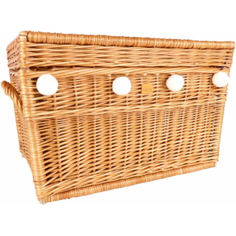 Baúl de juguetes de mimbre natural con pompones - 70 cm