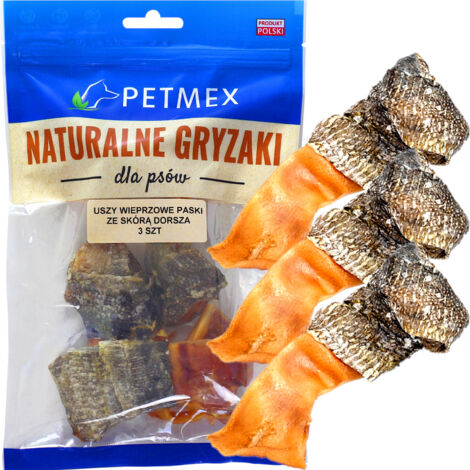 Golosinas masticables naturales para perros, oreja de cerdo envuelta en bacalao, Petmex, 3 unidades.