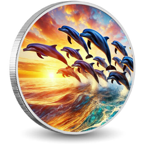 Una Pintura De Delfines En La Puesta De Sol Con Palmeras En El Fondo | Vector Premium Generado