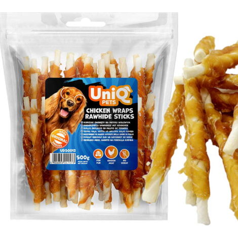 Premio para perros, snack de pollo envuelto en un palito de carne UniQ de 500 g.