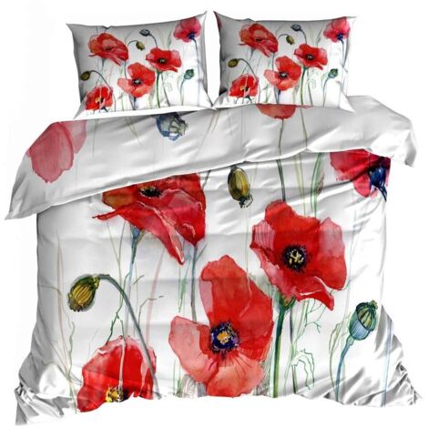 Juego de cama de satén de algodón 3D de 160x200 cm con amapolas rojas (1/3)