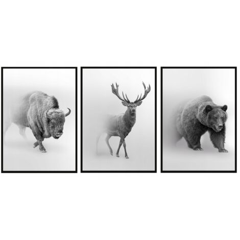 CUADRO ENMARCADO 73x53cm Tríptico Conjunto de 3 cuadros Animales Ciervo Bisonte P1021