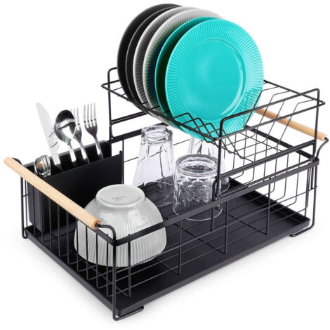 Escurridor de platos negro de 2 niveles con bandeja para cubiertos.