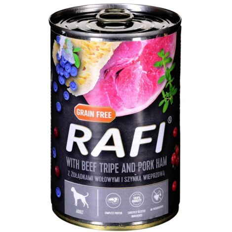 Alimento húmedo para perros Rafi. Estómagos de res con jamón 400 g.