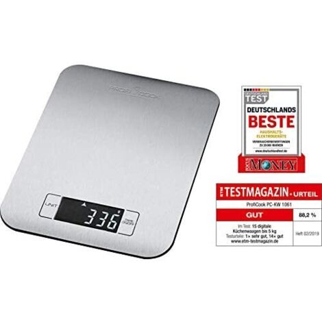 ProfiCook PC-KW 1061 Báscula de Cocina Digital, 5Kg Pasos 1g, función Tara, Acero Inoxidable, Plateado, 16,5 x 1,5 x 22 cm (1/5)